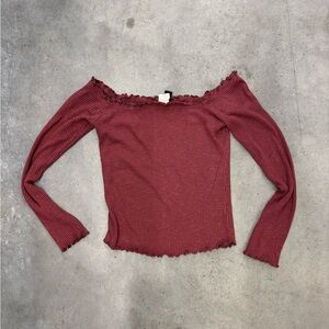 Windsor Ribbed Off Shoulder Top Size M | Burgundy Long Sleeve Crop